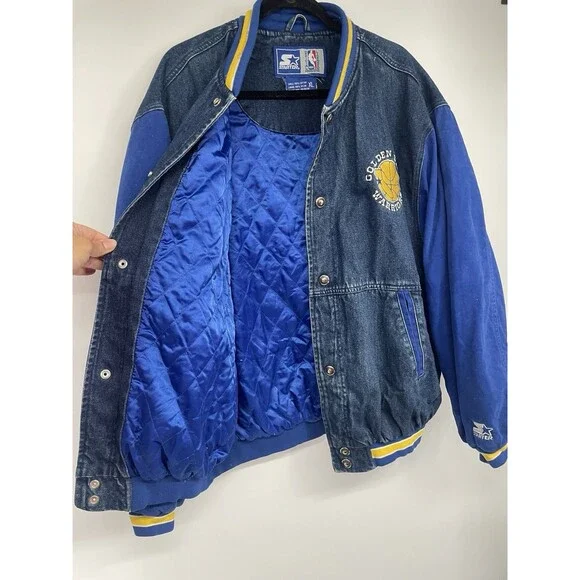 Rare VTG 90s Starter NBA Varsity Golden State Warriors Denim Jean Jacket Quilted - Picture 7 of 14